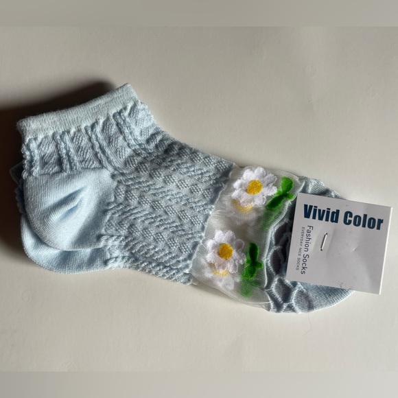 Baby blue Ankle Socks with Textured Knit and Floral Design - Picture 1 of 4